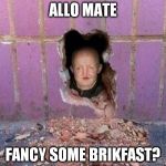 a hole and one | ALLO MATE; FANCY SOME BRIKFAST? | image tagged in weird guy,memes | made w/ Imgflip meme maker