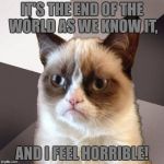 Musically Malicious Grumpy Cat | Template By OlympianProduct | IT'S THE END OF THE WORLD AS WE KNOW IT, AND I FEEL HORRIBLE! | image tagged in musically malicious grumpy cat,memes,funny,end of the world,horrible,rem | made w/ Imgflip meme maker