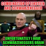 Picard Pun | I JUST WANT TO MENTION THAT I'M A VERY ATTRACTIVE; COMBINATION OF EINSTEIN AND SCHWARZENEGGER; UNFORTUNATELY I HAVE SCHWARZENEGGERS BRAIN AND THE SHAPE OF EINSTEIN | image tagged in picard pun | made w/ Imgflip meme maker