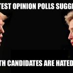 Voters seem to be more motivated to vote against the candidate they hate rather than for a candidate they actually like. | LATEST OPINION POLLS SUGGEST; THAT BOTH CANDIDATES ARE HATED EQUALLY | image tagged in trump clinton | made w/ Imgflip meme maker