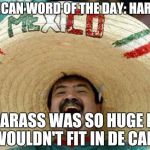mexican | MEXICAN WORD OF THE DAY: HARASS. HARASS WAS SO HUGE IT WOULDN'T FIT IN DE CAR! | image tagged in mexican | made w/ Imgflip meme maker