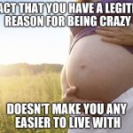 Woman, you are bat shit crazy. | THE FACT THAT YOU HAVE A LEGITIMATE REASON FOR BEING CRAZY; DOESN'T MAKE YOU ANY EASIER TO LIVE WITH | image tagged in pregnant woman | made w/ Imgflip meme maker