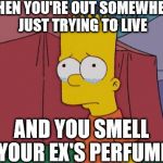 Bart Simpson Sad | WHEN YOU'RE OUT SOMEWHERE JUST TRYING TO LIVE; AND YOU SMELL YOUR EX'S PERFUME | image tagged in bart simpson sad | made w/ Imgflip meme maker