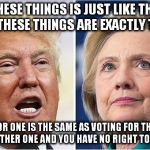 Hillary Trump | ONE OF THESE THINGS IS JUST LIKE THE OTHER. BOTH OF THESE THINGS ARE EXACTLY THE SAME. A VOTE FOR ONE IS THE SAME AS VOTING FOR THE OTHER. VOTE FOR ETHER ONE AND YOU HAVE NO RIGHT TO COMPLAIN. | image tagged in hillary trump | made w/ Imgflip meme maker