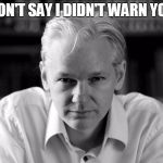 Julian Assange | DON'T SAY I DIDN'T WARN YOU | image tagged in julian assange | made w/ Imgflip meme maker