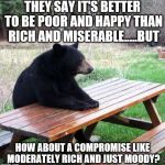 poor mans bear | THEY SAY IT'S BETTER TO BE POOR AND HAPPY THAN RICH AND MISERABLE.....BUT; HOW ABOUT A COMPROMISE LIKE MODERATELY RICH AND JUST MOODY? | image tagged in poor mans bear | made w/ Imgflip meme maker