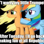 Sad Trumpy iz Sad | Don't worry my little Trumpetter. After Tuesday, I'll go back to making fun of all Republicans | image tagged in pony,donald trump,republicans,liberals,democrats | made w/ Imgflip meme maker
