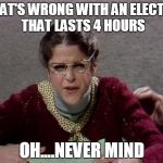 Emily Litella | WHAT'S WRONG WITH AN ELECTION THAT LASTS 4 HOURS; OH....NEVER MIND | image tagged in emily litella | made w/ Imgflip meme maker