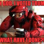 If Trump is elected, Republicans will eventually regret what they have unleashed. | OH GOD, I VOTED TRUMP. WHAT HAVE I DONE?! | image tagged in at home halo,donald trump,election 2016,republicans | made w/ Imgflip meme maker