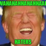 Trump laughing | BWAHAHAHHAHAHHAAHA; HATERS | image tagged in trump laughing,donald trump,hillary clinton | made w/ Imgflip meme maker