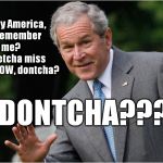 George Bush | Hey America, remember me?         Betcha miss me NOW, dontcha? DONTCHA??? | image tagged in george bush | made w/ Imgflip meme maker