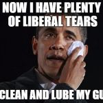 Gotta Catch 'em All | NOW I HAVE PLENTY OF LIBERAL TEARS; TO CLEAN AND LUBE MY GUNS | image tagged in barackodile tears,memes,liberals,trump,second amendment | made w/ Imgflip meme maker