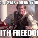 I'm gonna stab you with America! | I'M GOING TO STAB YOU AND YOUR HORSE; WITH FREEDOM! | image tagged in the patriot,freedom,american flag,america,usa | made w/ Imgflip meme maker