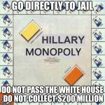 Hillary Monopoly | GO DIRECTLY TO JAIL; DO NOT PASS THE WHITE HOUSE DO NOT COLLECT $200 MILLION | image tagged in hillary monopoly,election 2016,hillary clinton,jail | made w/ Imgflip meme maker