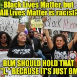 BLM - My Thoughts | Black Lives Matter, but All Lives Matter is racist? BLM SHOULD HOLD THAT "L," BECAUSE IT'S JUST BM | image tagged in blm protest,memes,blm,first world problems | made w/ Imgflip meme maker