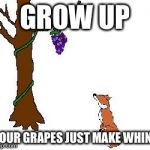 Making bitter whine | GROW UP; SOUR GRAPES JUST MAKE WHINE | image tagged in sour grapes,memes | made w/ Imgflip meme maker