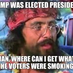 Tommy Chong | TRUMP WAS ELECTED PRESIDENT? HEY MAN, WHERE CAN I GET WHATEVER THE VOTERS WERE SMOKING? | image tagged in tommy chong,memes | made w/ Imgflip meme maker