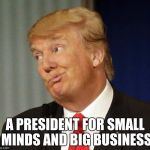 This is not the President of the People | A PRESIDENT FOR SMALL MINDS AND BIG BUSINESS | image tagged in donald drumpf,trump | made w/ Imgflip meme maker