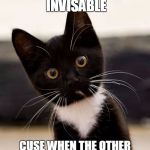 black kitten spotting something | I THINK IM INVISABLE; CUSE WHEN THE OTHER CATS SEE ME THEY RUN AWAY | image tagged in black kitten spotting something | made w/ Imgflip meme maker