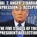 evil trump | 1. DENIAL  2. ANGER  3. BARGAINING  4. DEPRESSION  5. ACCEPTANCE; THE FIVE STAGES OF THIS PRESIDENTIAL ELECTION | image tagged in evil trump | made w/ Imgflip meme maker