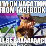 Vacation time | I'M ON VACATION; FROM FACEBOOK; I'LL BE BAAAAAAACK!! | image tagged in vacation time | made w/ Imgflip meme maker