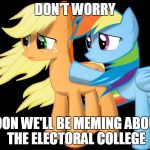 pony | DON'T WORRY; SOON WE'LL BE MEMING ABOUT THE ELECTORAL COLLEGE | image tagged in pony | made w/ Imgflip meme maker