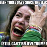 Hysterical Holly | IT'S BEEN THREE DAYS SINCE THE ELECTION; AND I STILL CAN'T BELIEVE TRUMP WON | image tagged in hysterical holly | made w/ Imgflip meme maker