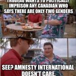 See? Nobody cares | TRUDEAU WANTS TO POLITICALLY IMPRISON ANY CANADIAN WHO SAYS THERE ARE ONLY TWO GENDERS; SEE? AMNESTY INTERNATIONAL DOESN'T CARE. | image tagged in see nobody cares | made w/ Imgflip meme maker