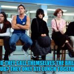 good question | WHY DID THEY CALL THEMSELVES THE BREAKFAST CLUB? THEY ONLY ATE LUNCH TOGETHER. | image tagged in breakfast club,funny memes,lunch,detention | made w/ Imgflip meme maker