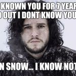 Jon Snow | SO I'VE KNOWN YOU FOR 7 YEARS JUST TO FIND OUT I DONT KNOW YOUR NAME I'M JON SNOW... I KNOW NOTHING | image tagged in jon snow | made w/ Imgflip meme maker