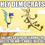A.C.M.E Presidential Campaigns | HEY DEMOCRATS; GALLUPS SAY YOU'RE LEADING THE RACE TO THE WHITE HOUSE, BEEP BEEP! | image tagged in wile e coyote roadrunner,meme,trump 2016,trump | made w/ Imgflip meme maker