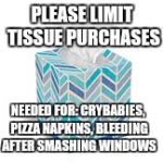 Tissue for snowflakes | PLEASE LIMIT TISSUE PURCHASES; NEEDED FOR: CRYBABIES, PIZZA NAPKINS, BLEEDING AFTER SMASHING WINDOWS | image tagged in tissue for snowflakes | made w/ Imgflip meme maker