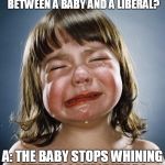 Crybaby | Q: WHAT IS THE DIFFERENCE BETWEEN A BABY AND A LIBERAL? A: THE BABY STOPS WHINING AFTER A COUPLE YEARS | image tagged in crybaby,college liberal,donald trump,hilary clinton | made w/ Imgflip meme maker