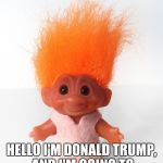 Troll doll | HELLO I'M DONALD TRUMP, AND I'M GOING TO BE YOUR NEXT PRESIDENT... | image tagged in troll doll | made w/ Imgflip meme maker