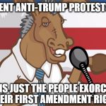 dnc | VIOLENT ANTI-TRUMP PROTESTS?. . . THAT IS JUST THE PEOPLE EXORCISING THEIR FIRST AMENDMENT RIGHT | image tagged in dnc | made w/ Imgflip meme maker