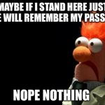 Beaker shocked face | MAYBE IF I STAND HERE JUST MAYBE WILL REMEMBER MY PASSWORD; NOPE NOTHING | image tagged in beaker shocked face | made w/ Imgflip meme maker