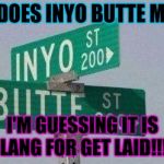 WTF | WTF DOES INYO BUTTE MEAN? I'M GUESSING IT IS SLANG FOR GET LAID!!!!! | image tagged in deadly,nsfw | made w/ Imgflip meme maker