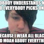 Nobody Understands Me | NOBODY UNDERSTANDS ME AND EVERYBODY PICKS ON ME; BECAUSE I WEAR ALL BLACK AND MOAN ABOUT EVERYTHING | image tagged in emo kid,memes | made w/ Imgflip meme maker