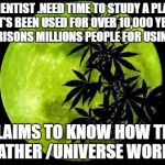 weed  | SCIENTIST .NEED TIME TO STUDY A PLANT THAT'S BEEN USED FOR OVER 10,000 YEARS. IMPRISONS MILLIONS PEOPLE FOR USING IT; CLAIMS TO KNOW HOW THE WEATHER /UNIVERSE WORKS . | image tagged in weed | made w/ Imgflip meme maker