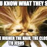 bad hair day | YOU KNOW WHAT THEY SAY; THE HIGHER THE HAIR, THE CLOSER TO JESUS | image tagged in bad hair day | made w/ Imgflip meme maker