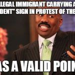 An unintentional truth  | ANY ILLEGAL IMMIGRANT CARRYING A "NOT MY PRESIDENT" SIGN IN PROTEST OF THE ELECTION HAS A VALID POINT | image tagged in memes,steve harvey | made w/ Imgflip meme maker