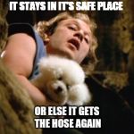Buffalo bill | IT STAYS IN IT'S SAFE PLACE; OR ELSE IT GETS THE HOSE AGAIN | image tagged in buffalo bill | made w/ Imgflip meme maker