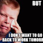 crying man | BUT; I DON'T WANT TO GO BACK TO WORK TOMORROW | image tagged in crying man | made w/ Imgflip meme maker