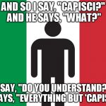 Average Italian Guy | AND SO I SAY, "CAPISCI?" AND HE SAYS, "WHAT?"; AND I SAY, "DO YOU UNDERSTAND?" AND HE SAYS, "EVERYTHING BUT 'CAPISCI!'" | image tagged in average italian guy | made w/ Imgflip meme maker