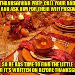 thanksgiving wifi | THANKSGIVING PREP: CALL YOUR DAD NOW AND ASK HIM FOR THEIR WIFI PASSWORD; SO HE HAS TIME TO FIND THE LITTLE PAPER IT'S WRITTEN ON BEFORE THANKSGIVING | image tagged in thanksgiving,wifi,parents,tech support,funny,funny memes | made w/ Imgflip meme maker