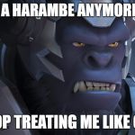 Winston Overwatch | IM NOT A HARAMBE ANYMORE MAMA; STOP TREATING ME LIKE ONE | image tagged in winston overwatch | made w/ Imgflip meme maker