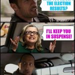 The Rock Driving Hillary | WILL YOU ACCEPT THE ELECTION RESULTS? I'LL KEEP YOU IN SUSPENSE! (SUSPENSE INTENSIFIES) | image tagged in the rock driving hillary,memes | made w/ Imgflip meme maker