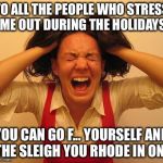 Stressed out dumb lady | TO ALL THE PEOPLE WHO STRESS ME OUT DURING THE HOLIDAYS; YOU CAN GO F... YOURSELF AND THE SLEIGH YOU RHODE IN ON ! | image tagged in stressed out dumb lady | made w/ Imgflip meme maker