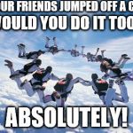 Skydiving  | IF YOUR FRIENDS JUMPED OFF A CLIFF; WOULD YOU DO IT TOO? ABSOLUTELY! | image tagged in skydiving | made w/ Imgflip meme maker