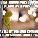 Kermit Reflecting  | PUBLIC BATHROOM WAS BLOCKED UP, I HAD TO LEAVE AS IT WAS SO GROSS; I PASSED BY SOMEONE COMING IN AS I LEFT, HE'S GONNA THINK IT WAS ME | image tagged in kermit reflecting | made w/ Imgflip meme maker